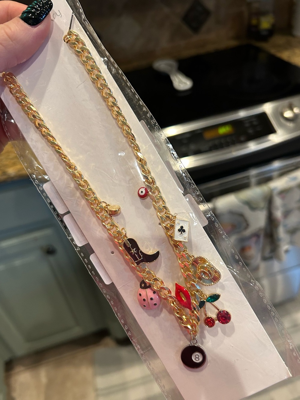 Gold Charm Chain Necklace with Pink Ladybug, Red Lips & Cherry Charms - Picture 2 of 2
